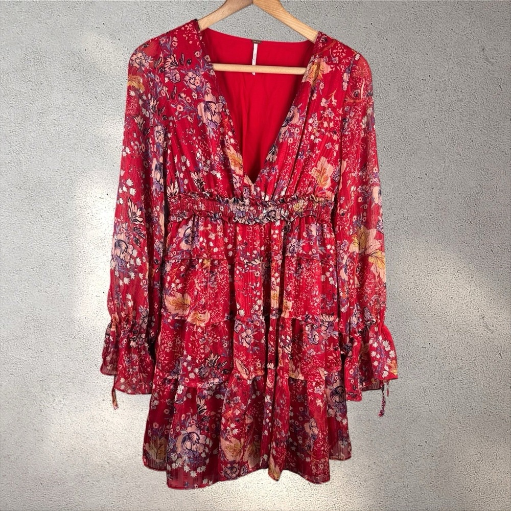 Free People Closer To The Heart Dress Floral Tiered Ruffle Boho Mini Sz S - Picture 4 of 7